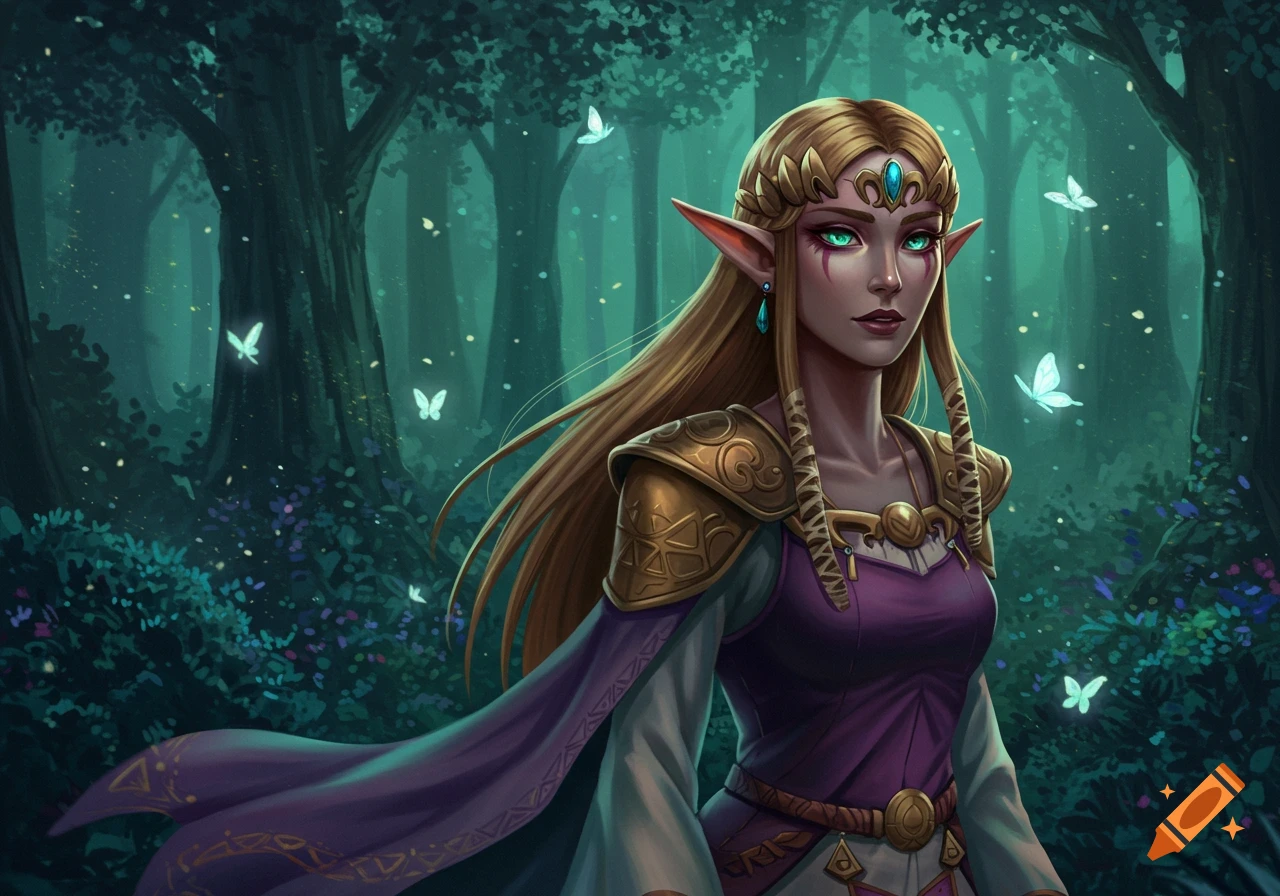 Princess Zelda with blonde hair and pointed ears in a dark, enchanted forest with glowing butterflies, digital art.