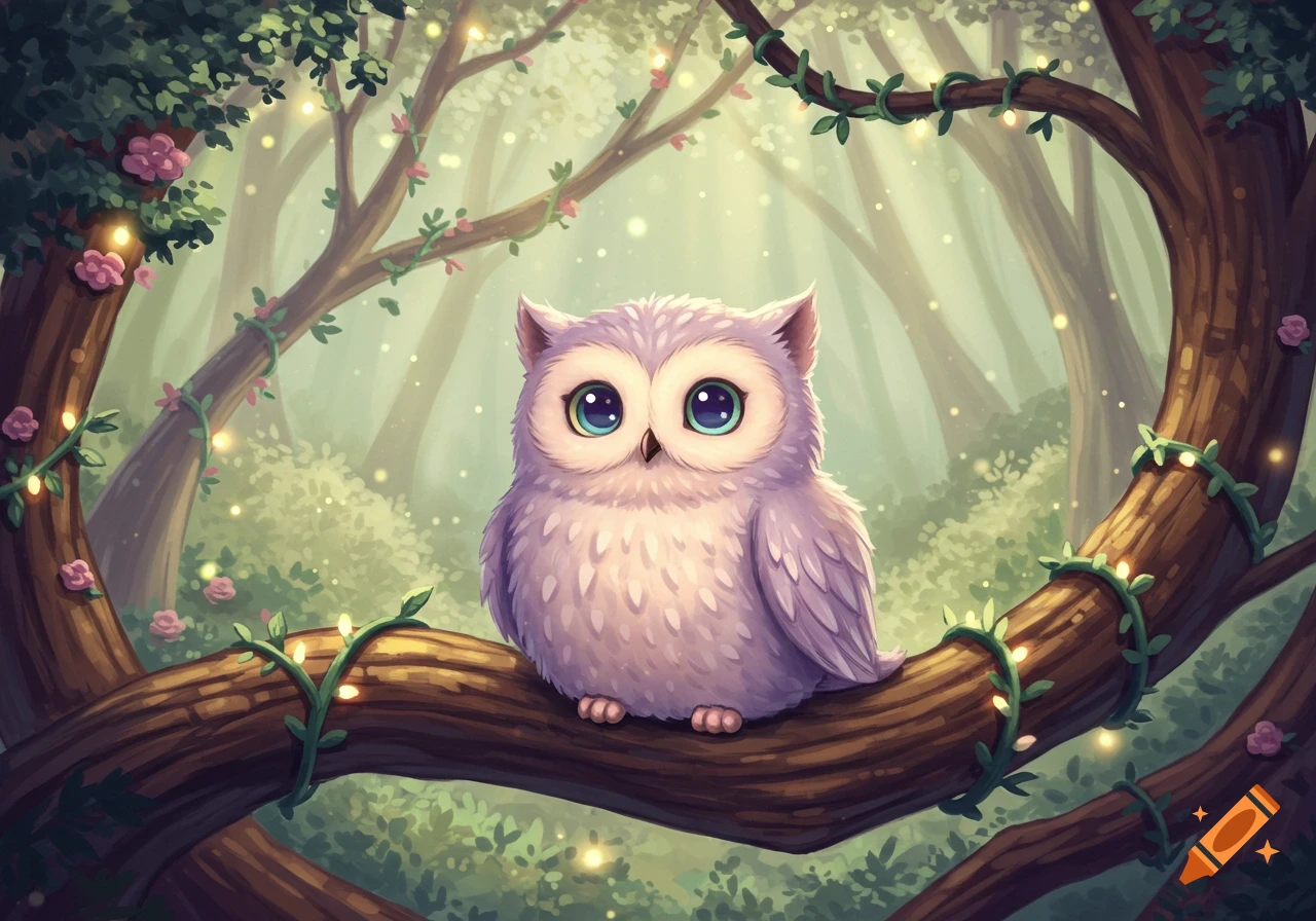 A cute, fluffy pastel purple owl with big blue eyes sits on a glowing tree branch in a magical forest.