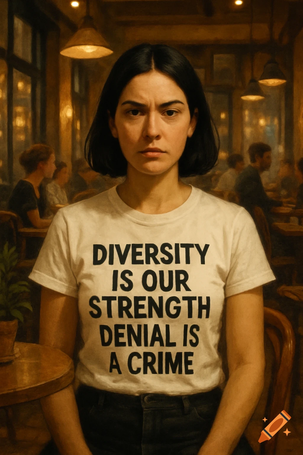 Digital painting of a woman with a serious expression in a cafe, wearing a white t-shirt that reads 'Diversity is our strength denial is a crime'.