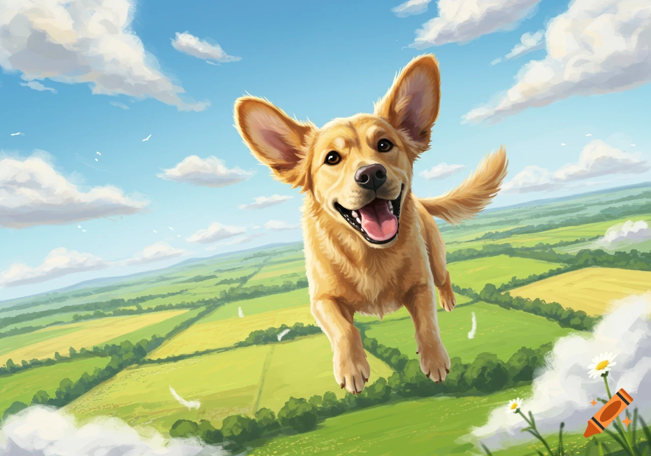 A joyful golden-colored dog with big ears flies through a bright blue sky above rolling green fields in a vibrant illustration.