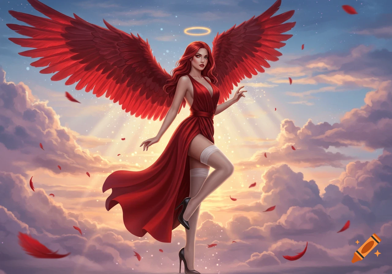 A red-haired woman with large red feathered wings, a flowing red dress, and a halo stands among clouds with falling petals.