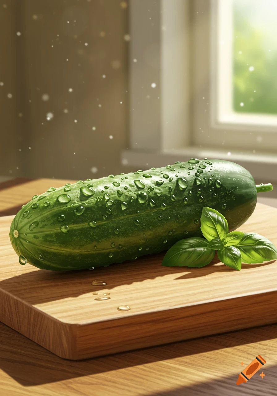 A fresh green cucumber with water droplets and basil leaves on a wooden cutting board, with a sunlit window in the background.