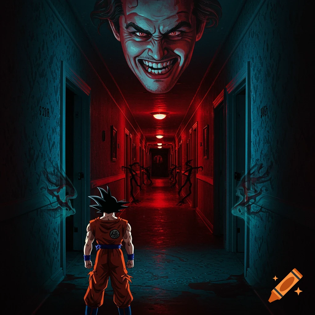 Goku from Dragon Ball Z stands in a long, dark, red-lit hotel hallway. A giant, menacing face floats above the hallway.
