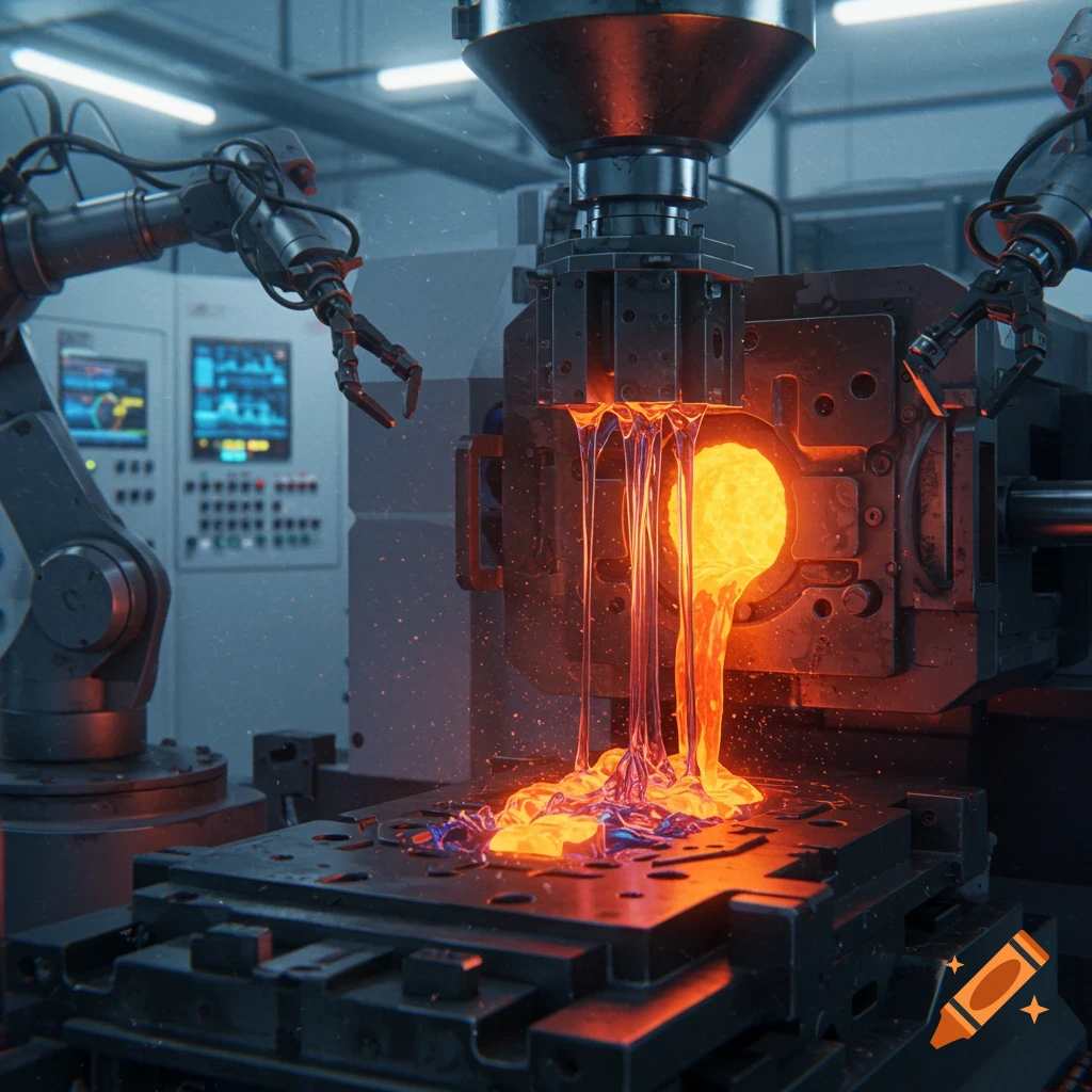 Robotic arms and a machine pour glowing molten plastic into a mold on a factory floor, creating bright orange and blue shapes.