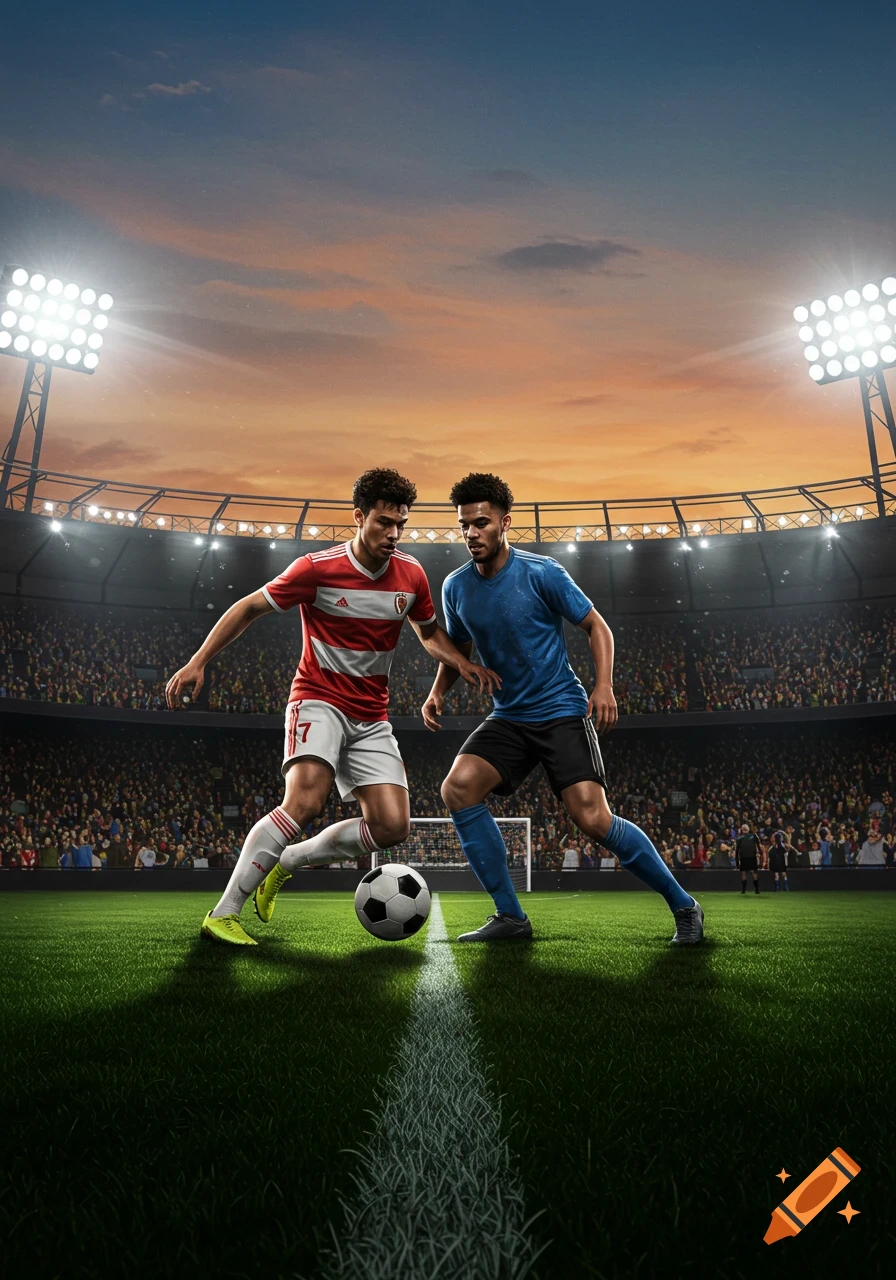 Two male soccer players dribbling a ball on a stadium field with spectators at sunset.
