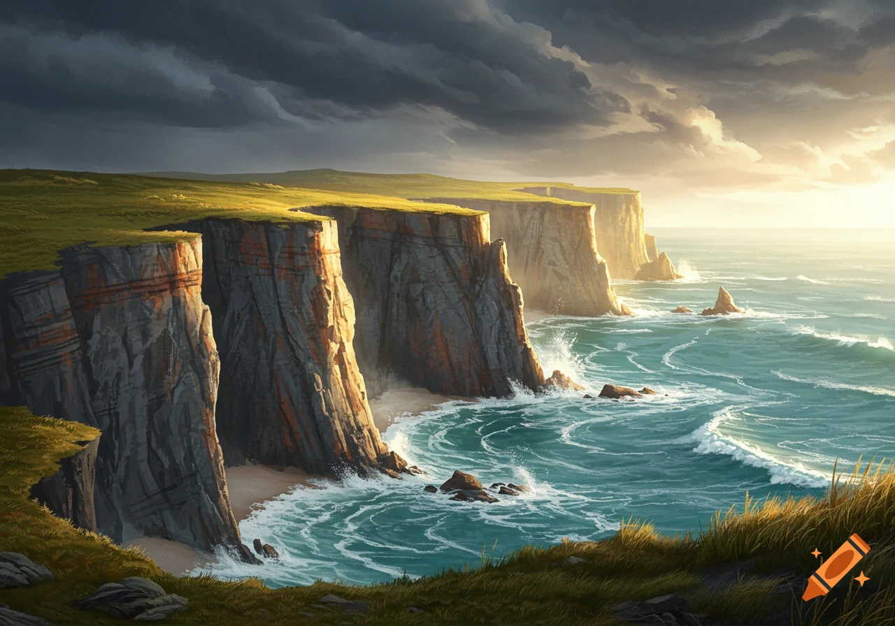 Dramatic coastal landscape with towering cliffs, a sandy beach, and crashing waves under a stormy sky with a sunlit horizon.
