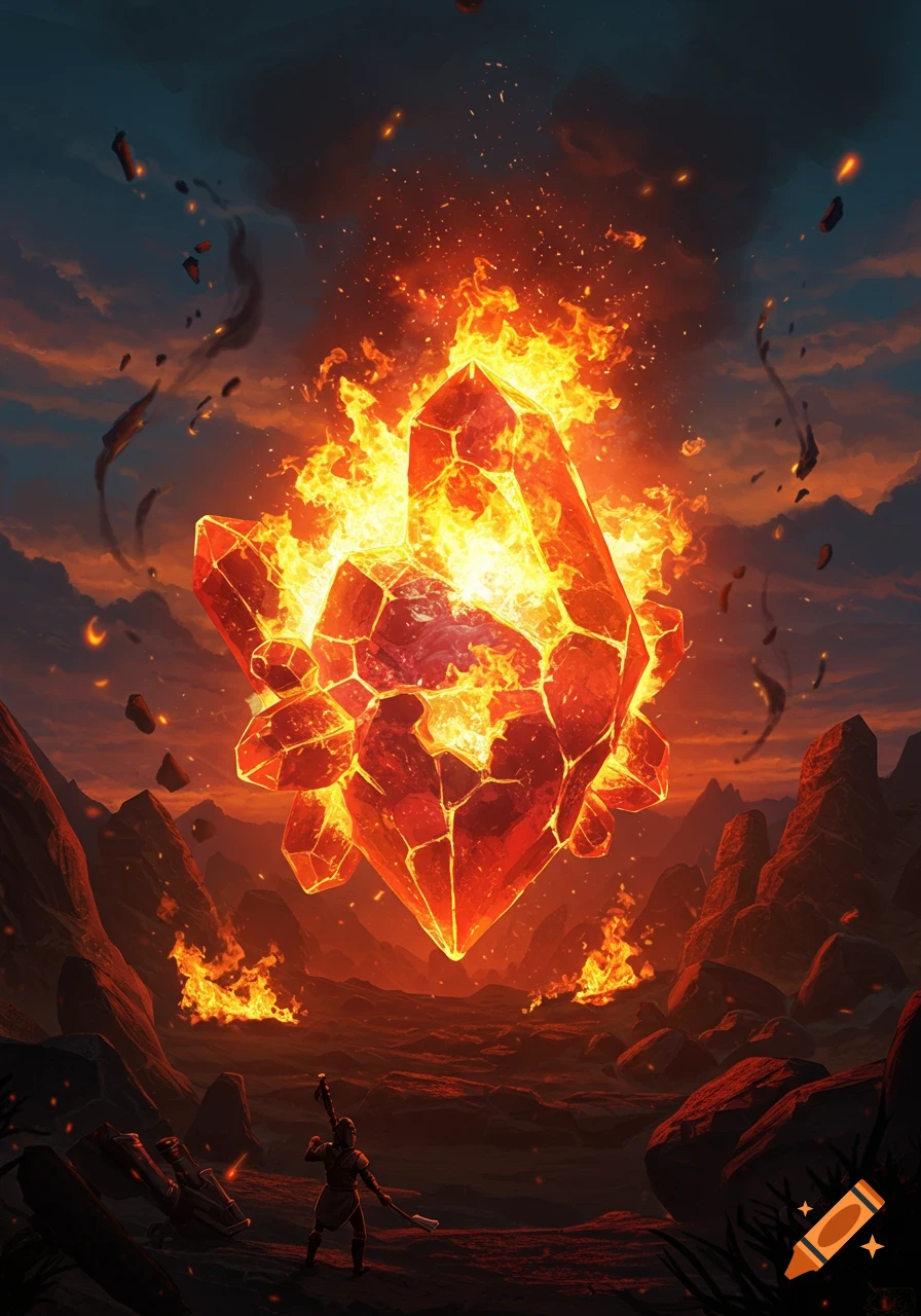 A person stands in a fiery, rocky landscape, looking up at a gigantic, glowing red crystal consumed by bright flames in the dark sky.