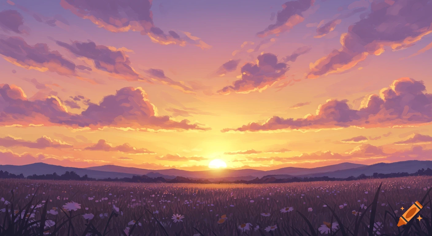 Vibrant digital art illustration of a sunset over a field of wildflowers with distant mountains.