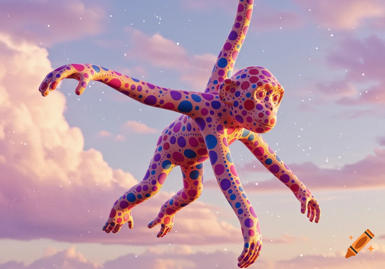 A vibrant, polka-dotted, multi-limbed monkey sculpture floats in a pink and purple cloud-filled sky, in Yayoi Kusama's style.