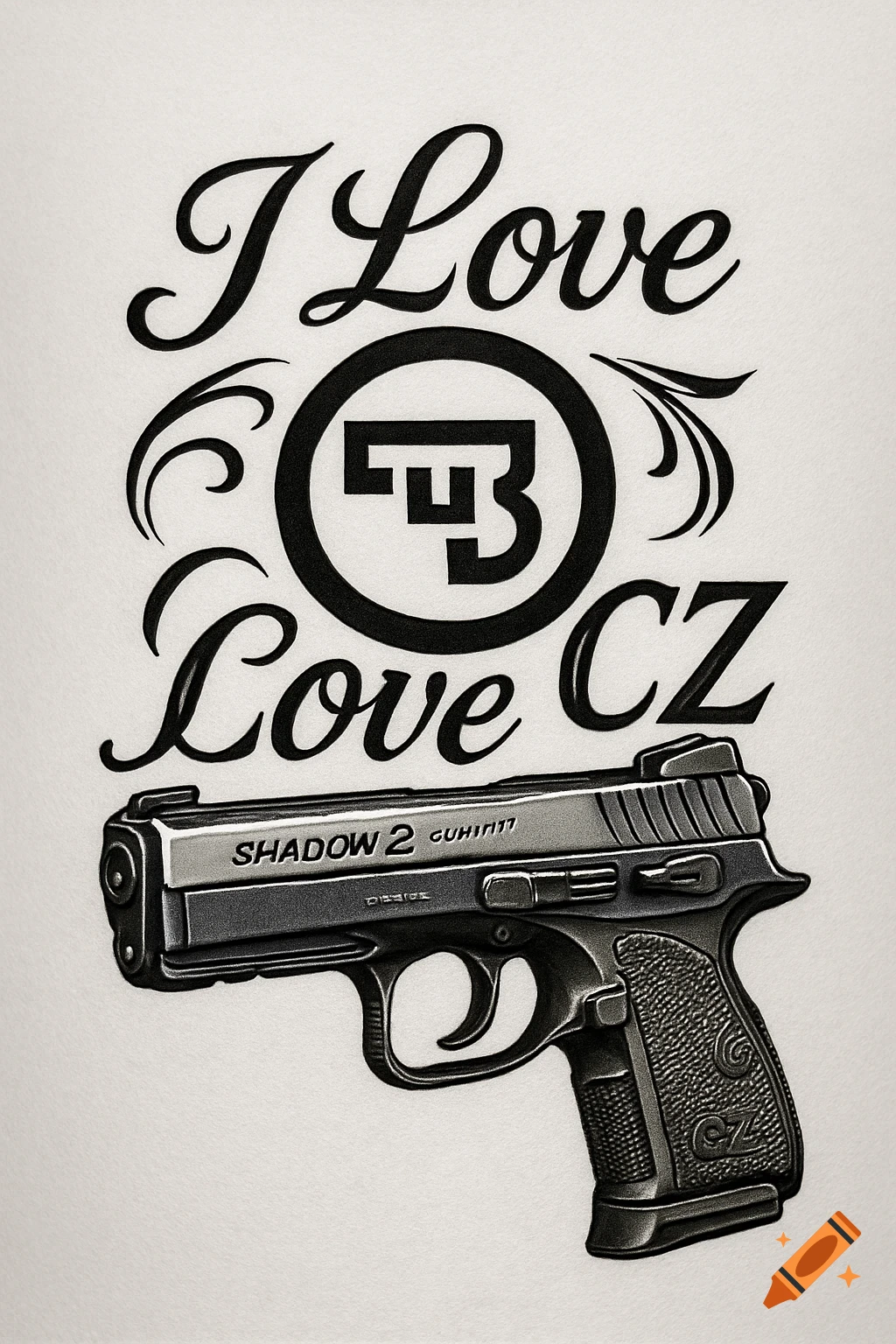 Stylized black and white illustration of a CZ Shadow 2 pistol with "I Love CZ" text and a CZ logo.