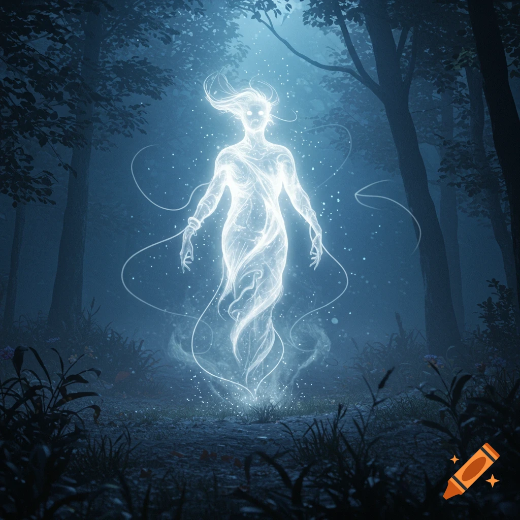 A glowing, ethereal human-like figure with flowing hair stands in a dark, misty forest, surrounded by shimmering particles.