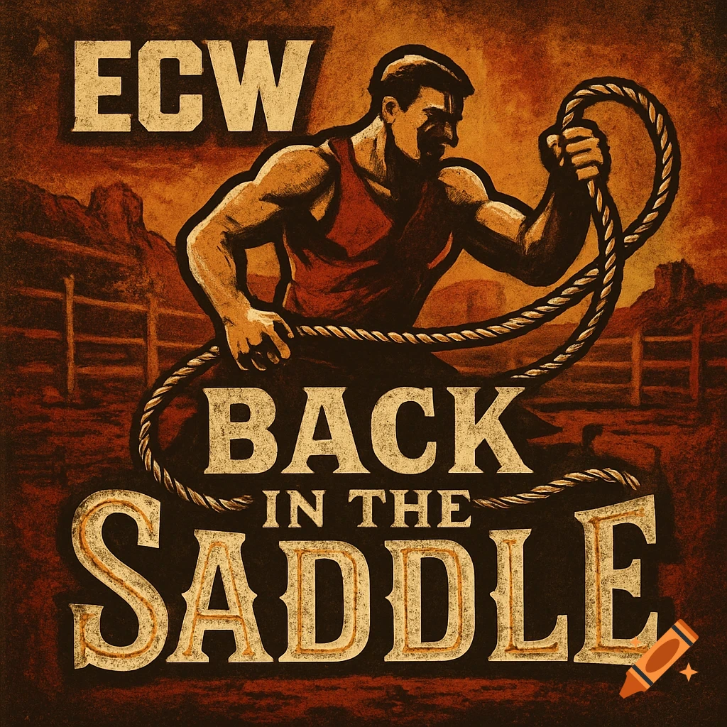 A vintage-style wrestling logo features a muscular man in a tank top holding a lasso, with text 'ECW BACK IN THE SADDLE' against a rustic Western background.
