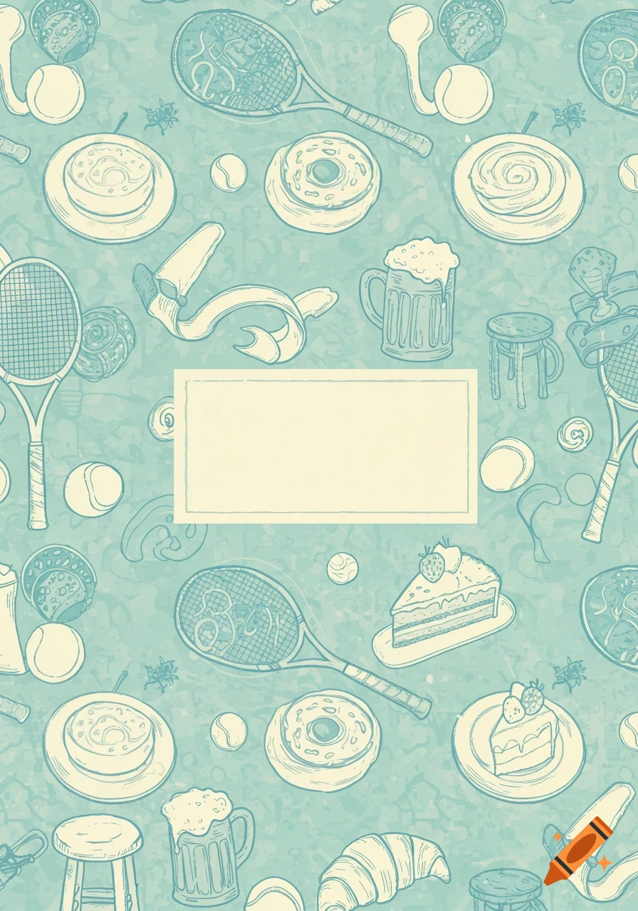 A blue and white pattern background featuring outline illustrations of tennis rackets, tennis balls, donuts, croissants, slices of cake, and beer mugs, with a blank rectangular label in the center.
