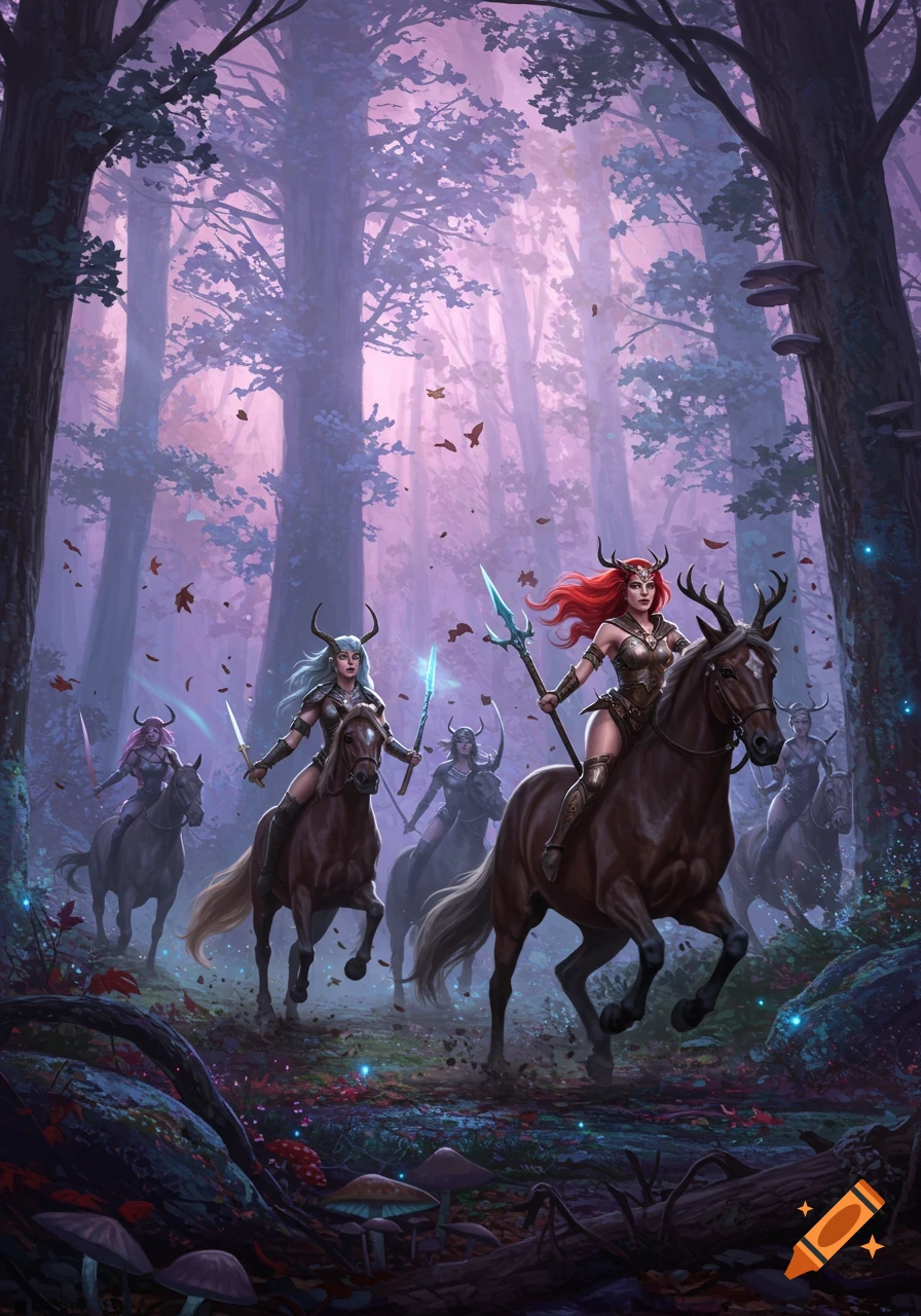 Fantasy illustration of horned warrior women on horned horses riding through a magical, glowing purple forest.