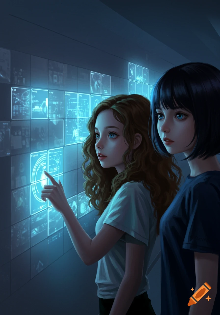 Two stylized girls interacting with glowing blue futuristic touch screens on a wall.