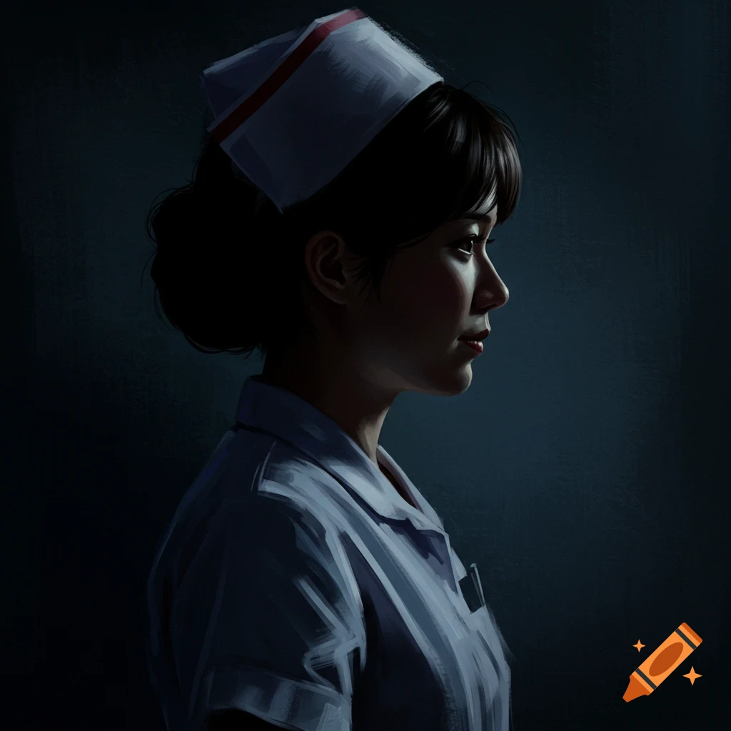 A nurse in a white uniform and cap, shown in side profile with dramatic dark lighting, in a painted style.