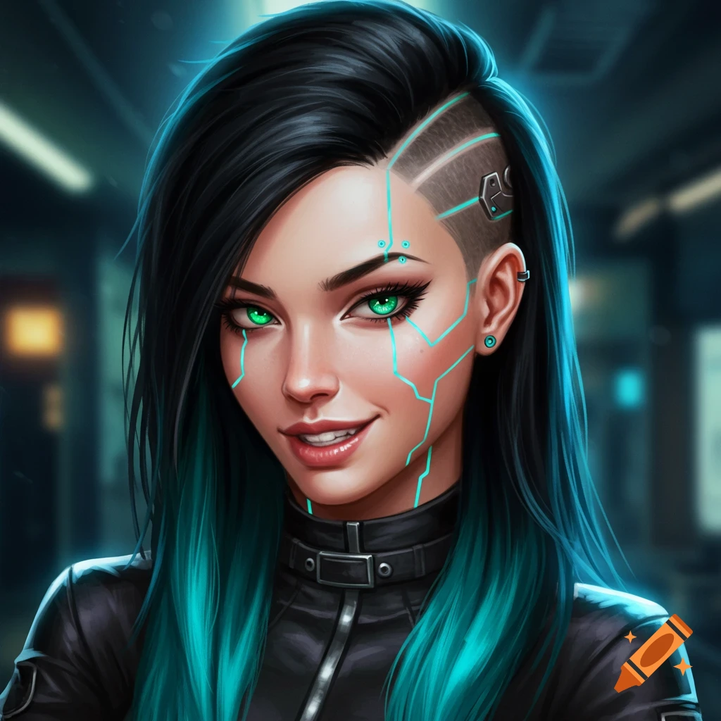 A digital painting of a beautiful cybernetic woman with black and turquoise hair, emerald eyes, and glowing blue lines on her face.