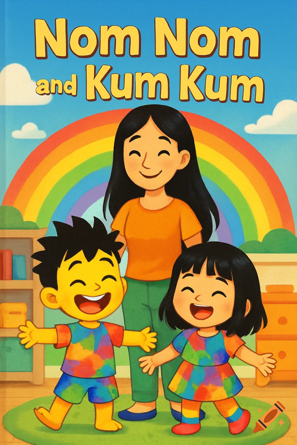A cheerful cartoon mom, boy, and girl, with text 'Nom Nom and Kum Kum' above a rainbow in a kids' room.
