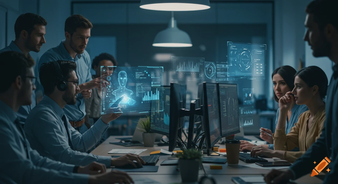 A team of diverse professionals collaborates in a modern office, analyzing holographic data projections and computer monitors.