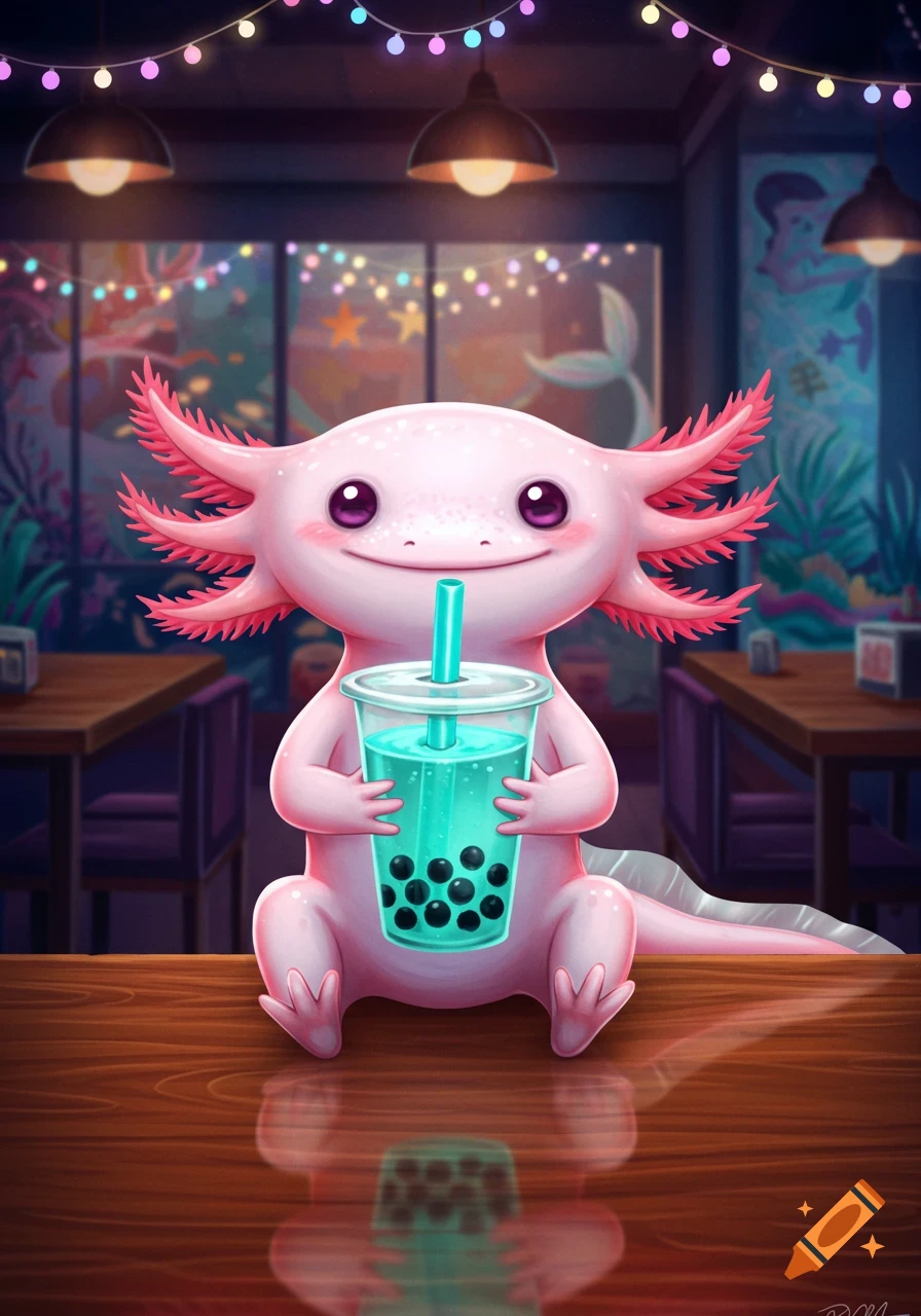 A cute pink axolotl with feathery red gills sits on a wooden counter, happily holding a turquoise bubble tea with black tapioca balls in a whimsical cafe.