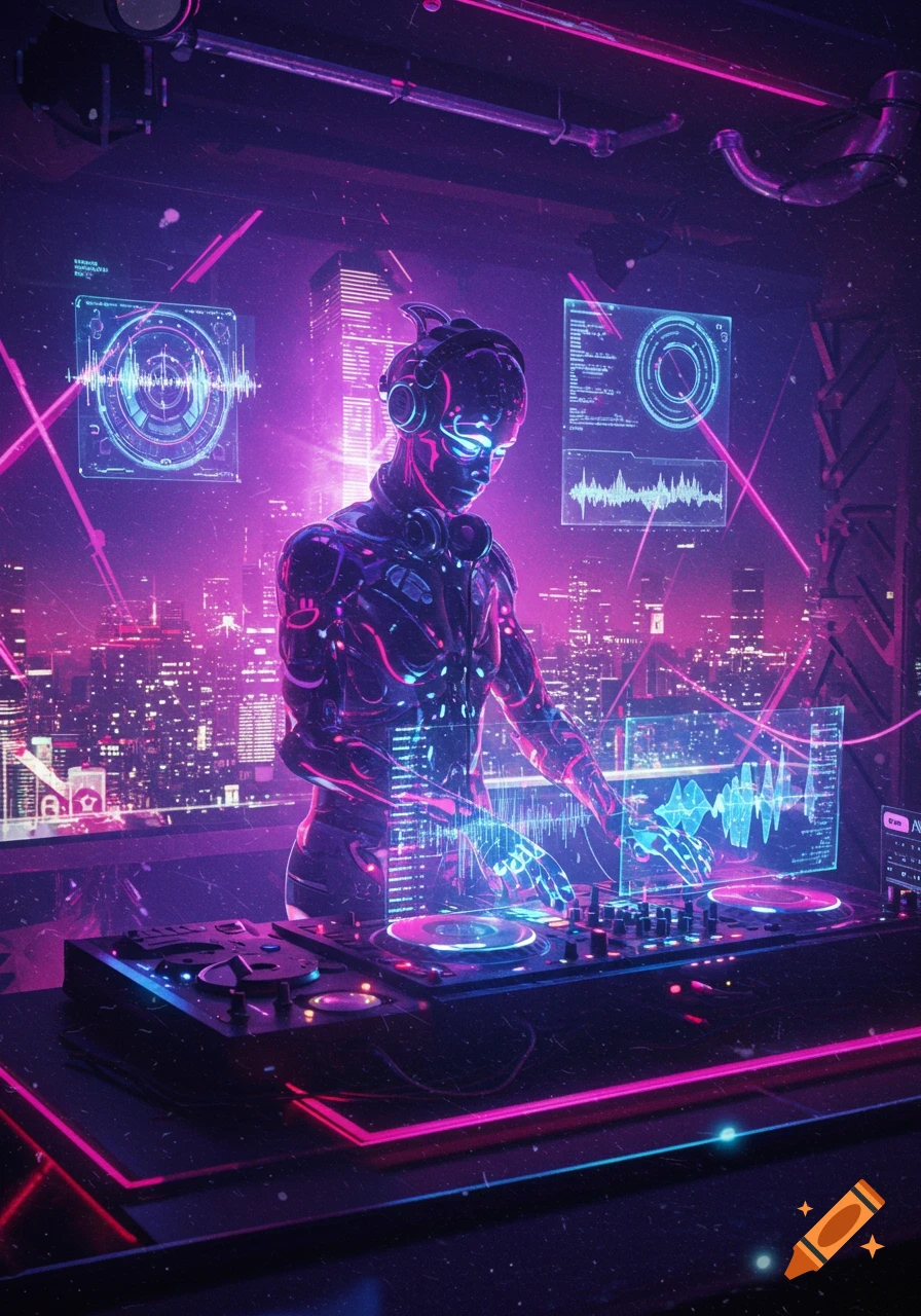 A neon-lit cyberpunk robot DJ with headphones mixes music on turntables above a futuristic city skyline.