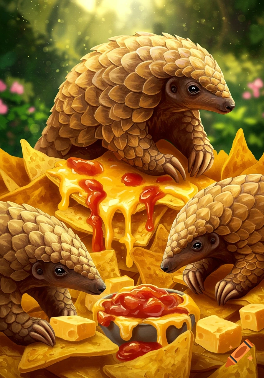 Three pangolins with nacho chip scales covered in melted cheese and sauce sit on a pile of nachos in a vibrant forest.