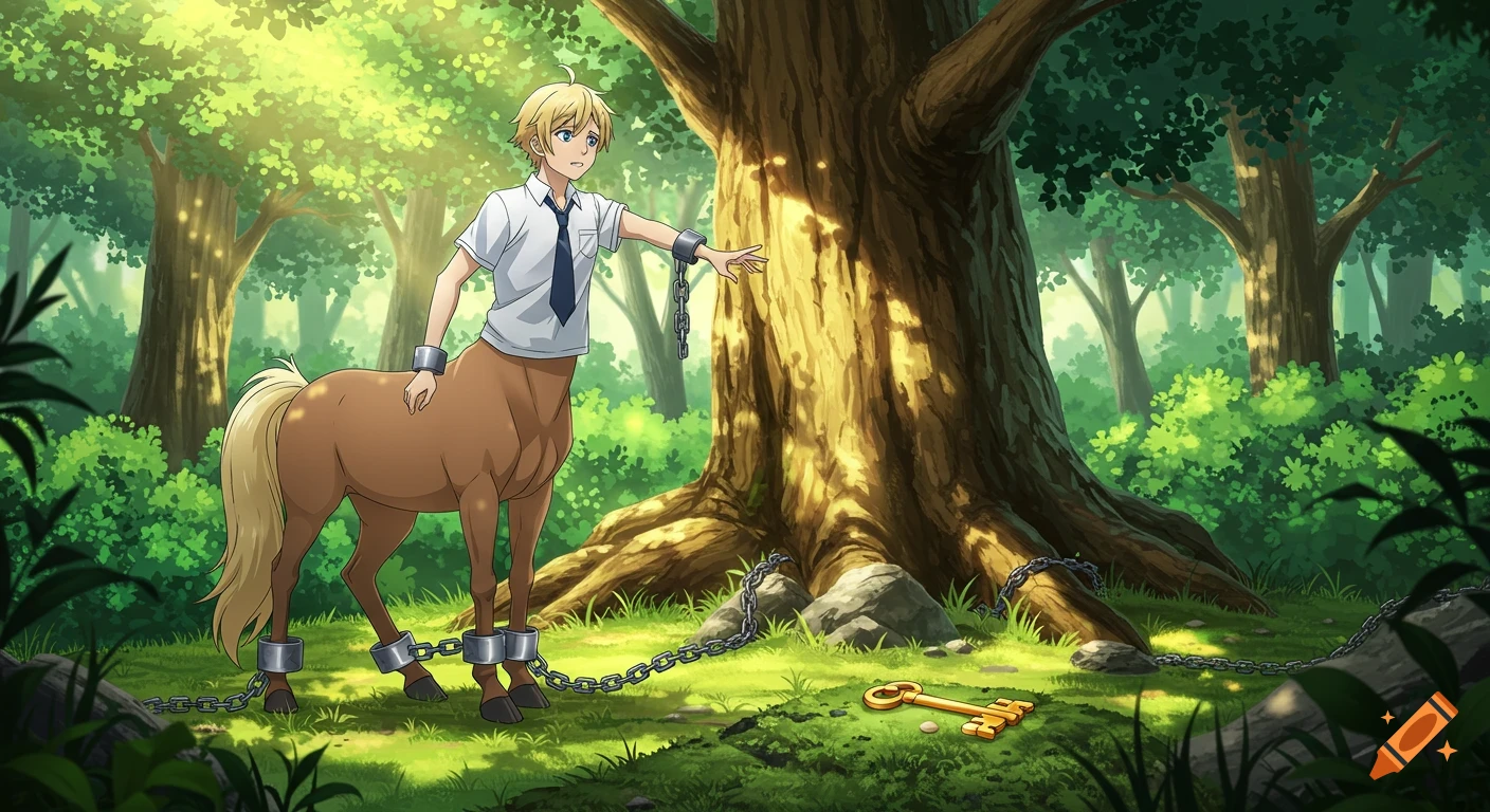 An anime-style blue-eyed blond centaur, hobbled by chains, reaches towards a golden key on the forest floor, distressed.