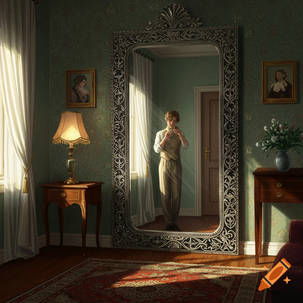 A person in vintage clothing stands before an ornate, full-length mirror in a sunlit, richly decorated room.