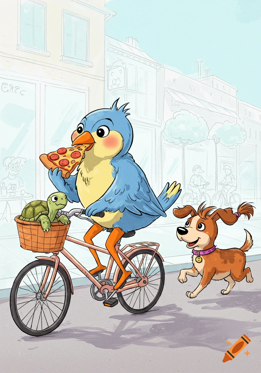 A cheerful cartoon blue bird rides a pink bicycle, eating pizza, with a turtle in the basket and a happy brown dog running beside it in a bright urban scene.