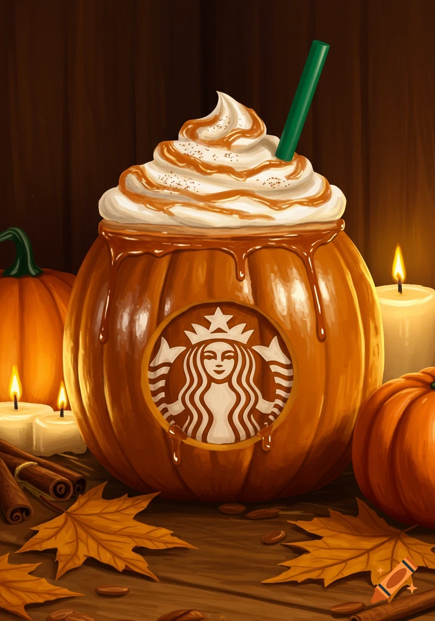 A digital painting of a pumpkin decorated like a Starbucks Pumpkin Spice Latte with whipped cream, caramel drizzle, a green straw, and the Starbucks logo. It is surrounded by mini pumpkins, lit candles, cinnamon sticks, and autumn leaves on a wooden table.