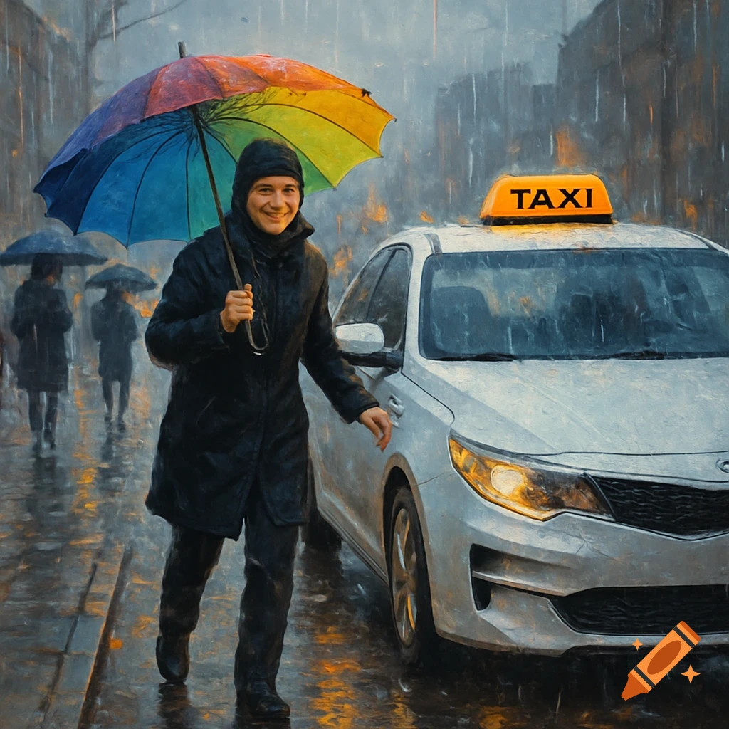 A person holding a colorful umbrella smiles while walking towards a white taxi on a rainy city street, in a painterly style.