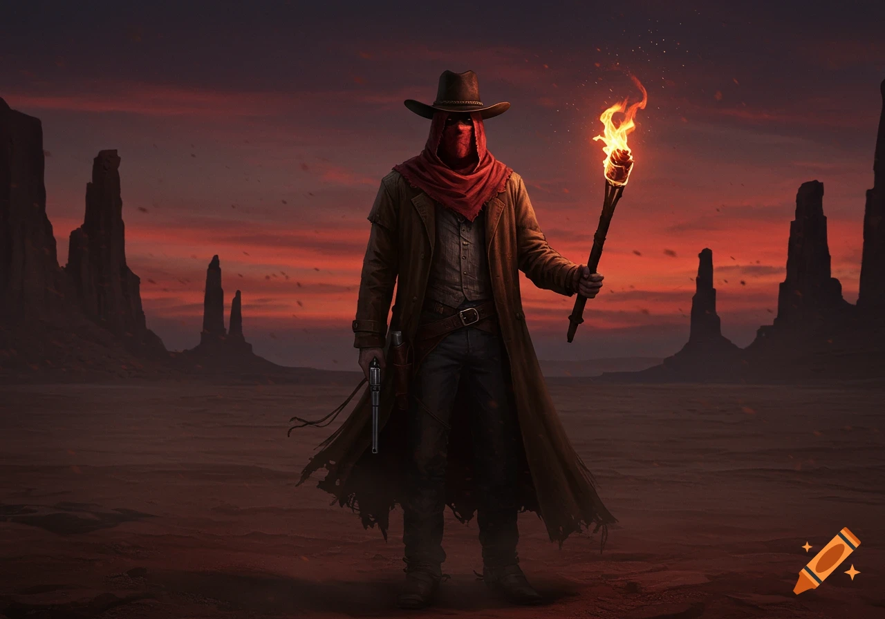 A mysterious masked cowboy in a long coat holds a torch and a revolver in a desolate desert at sunset, digital art.