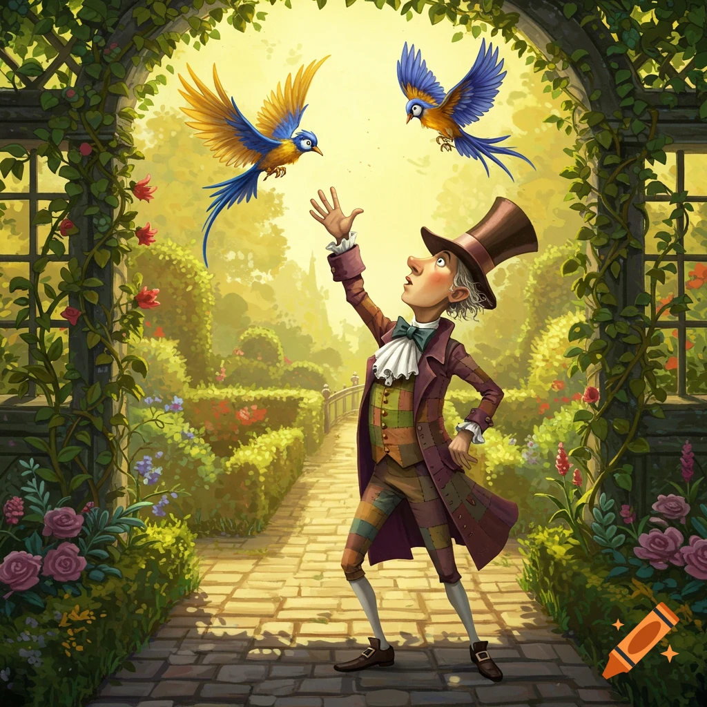 A whimsical man in a top hat and checkered suit reaches up towards two colorful birds flying in a lush garden with an arched trellis.