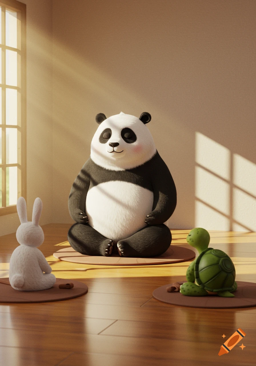 An animated panda, rabbit, and turtle meditating on mats in a peaceful room bathed in soft morning light.