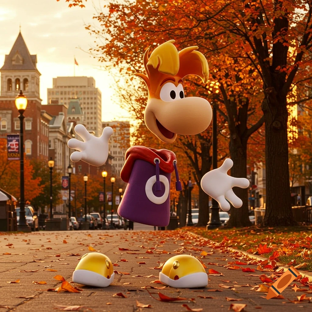 Rayman character floating on an autumn city street with fallen leaves and buildings in the background at sunset.