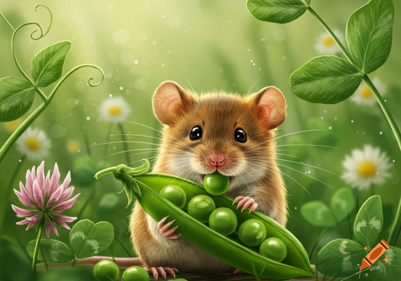 A cute brown mouse with big eyes eats a pea from an open pod in a whimsical green field with flowers.