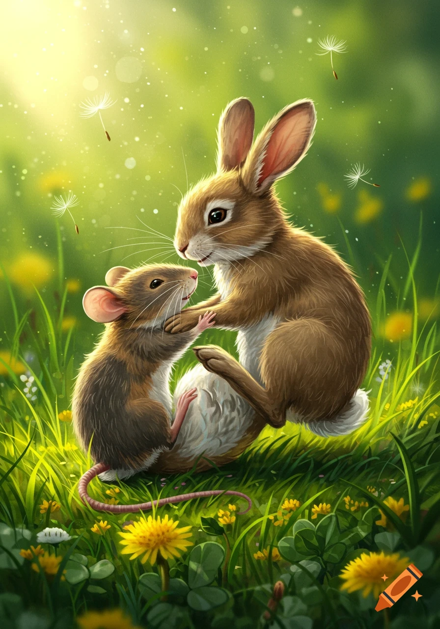 A cute brown rabbit and mouse stand playfully in a vibrant green, sunny field with dandelions and floating seeds, in an illustrative style.