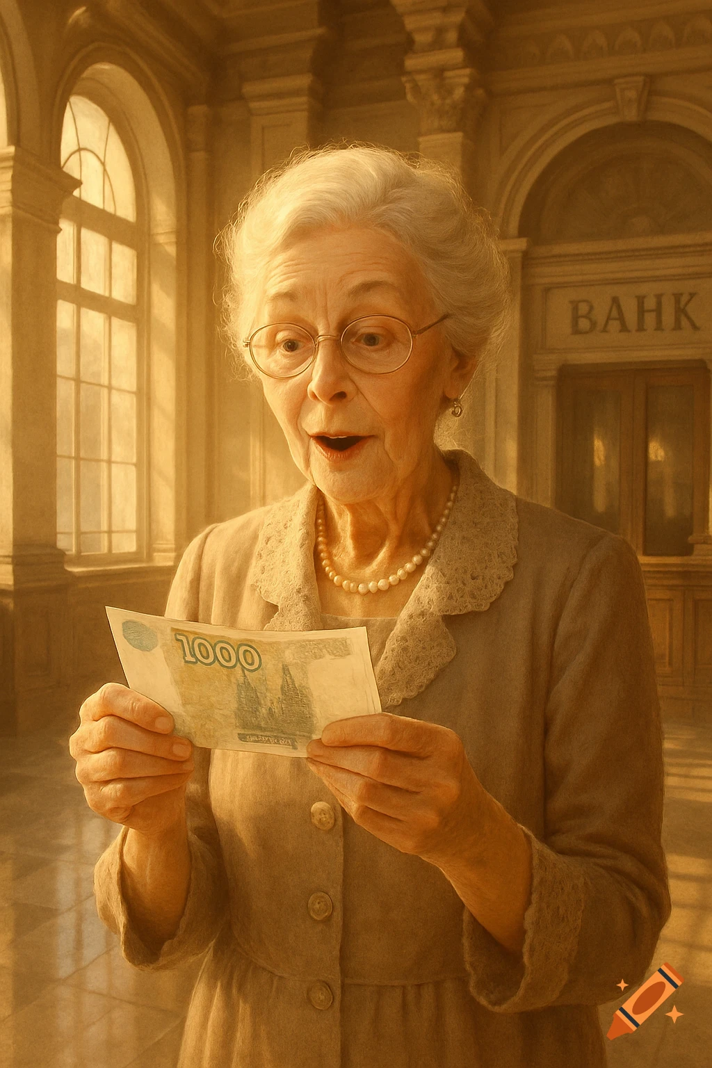 A surprised elderly woman holding a 1000 ruble banknote in a sunlit bank lobby.