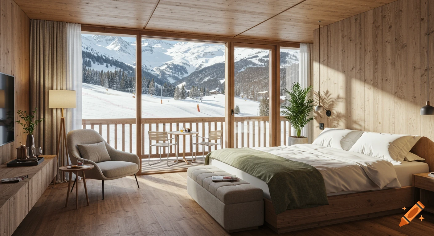 A luxurious, modern wooden bedroom with a large window and balcony overlooking snow-covered Swiss Alps ski slopes.