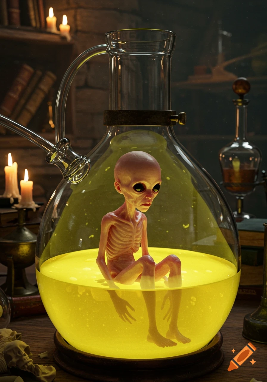 An emaciated, pale homunculus with large black eyes sits in yellowish liquid inside a glass alembic in a dark, candlelit alchemical laboratory.