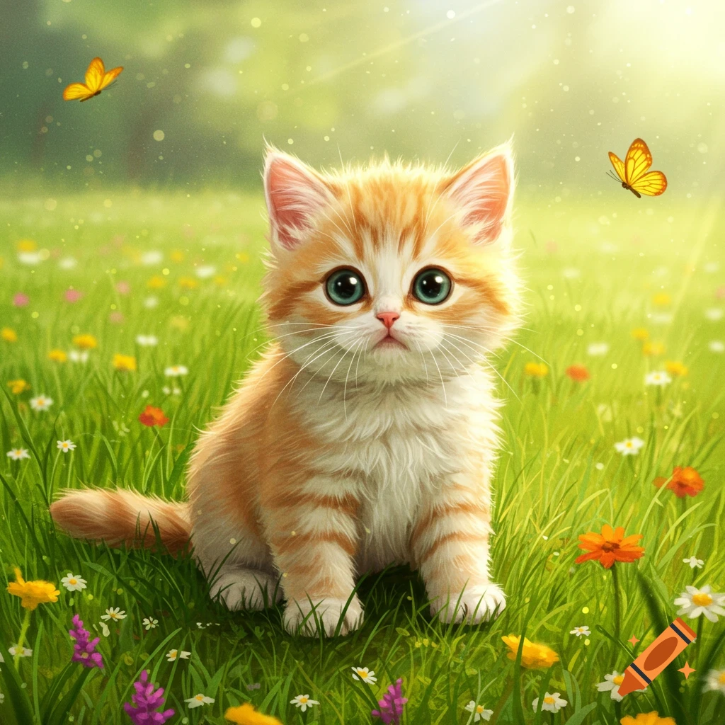 A fluffy orange and white kitten with big blue eyes sits in a vibrant green field of colorful wildflowers, with sunbeams and two yellow butterflies.