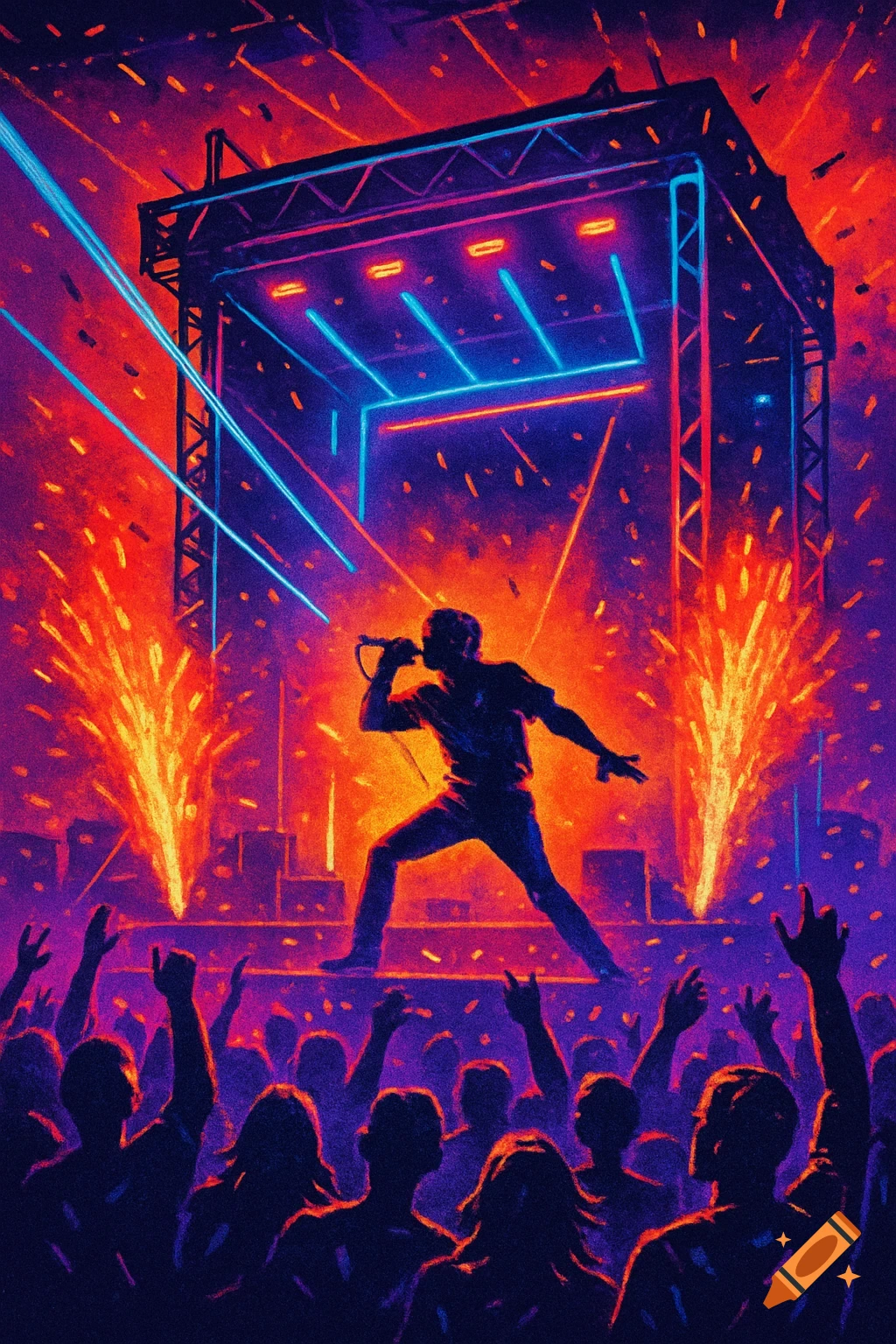 Stylized poster art of a singer on stage performing for a crowd, with vibrant neon lights and pyrotechnics.
