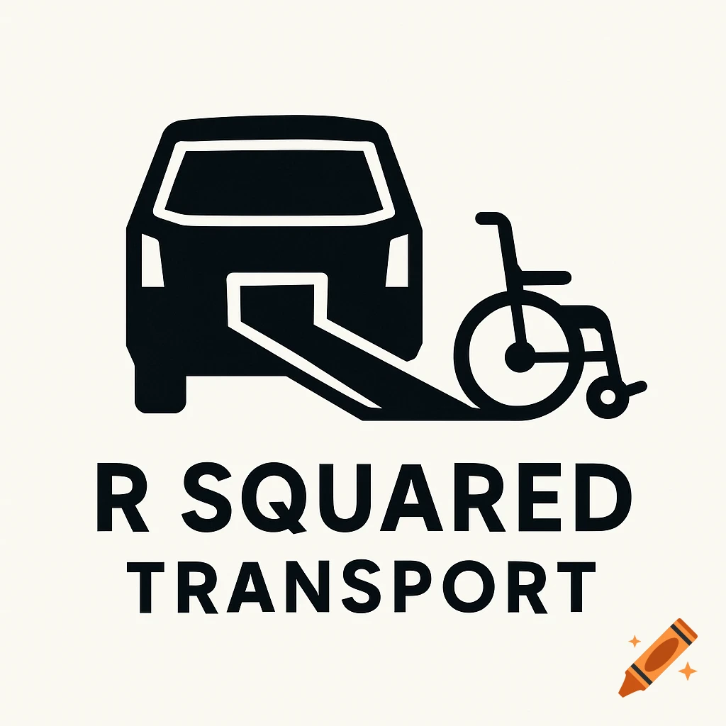 A black and white logo shows the back of a minivan with a ramp extending, and a wheelchair next to it. Below, the text reads 'R Squared Transport'.