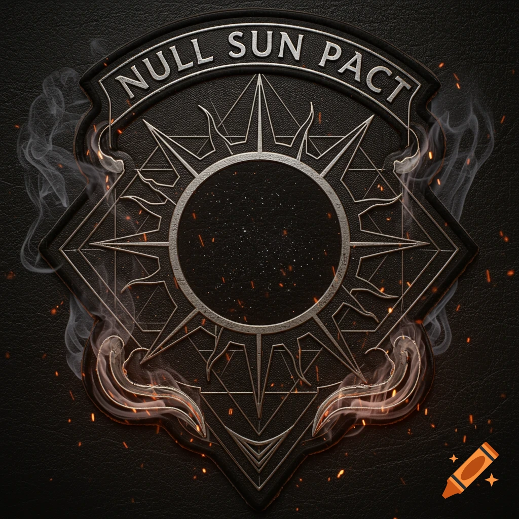 Dark, metallic emblem with "NULL SUN PACT" text, a stylized sun, smoke, and sparks on a dark leather texture.
