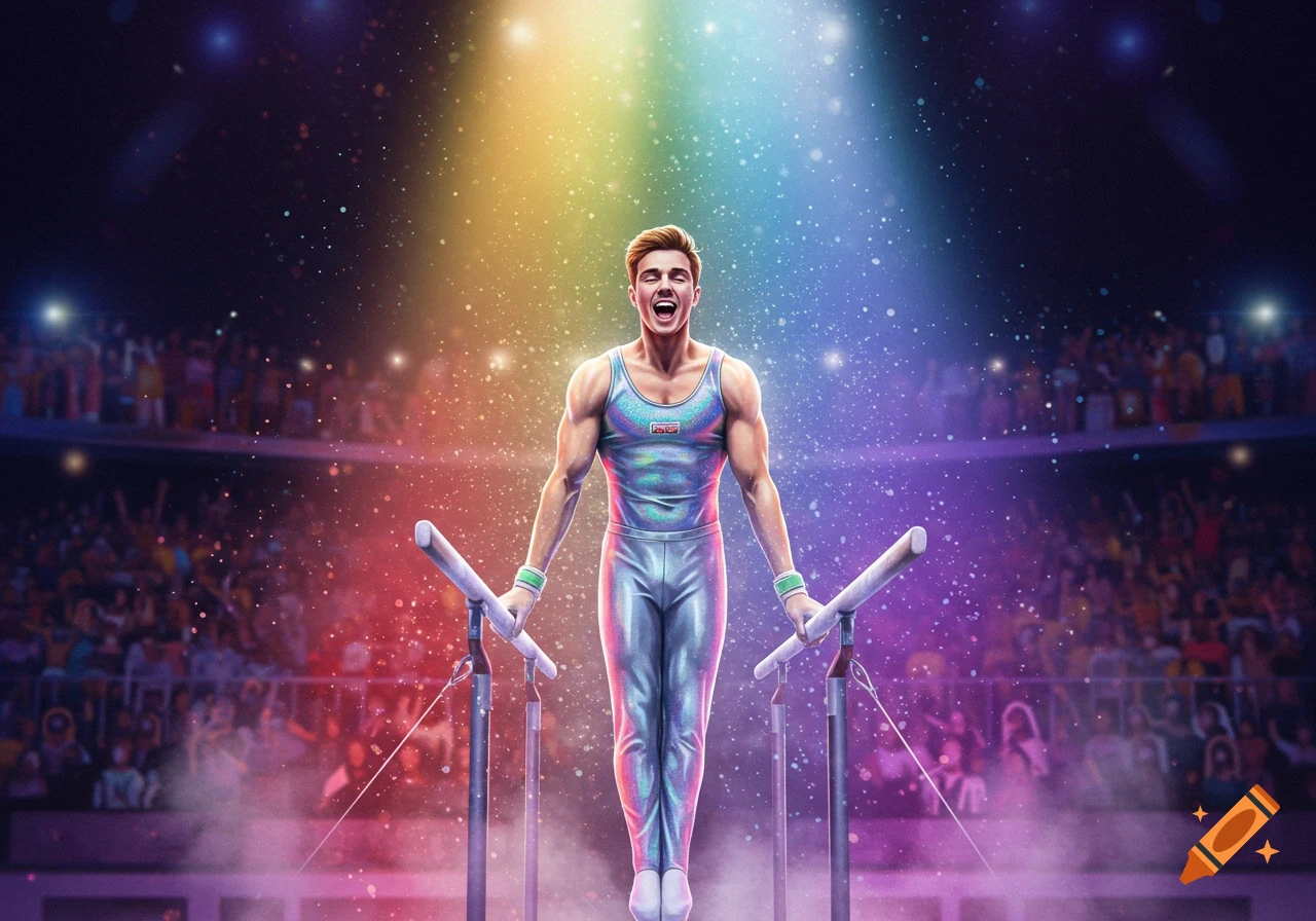 A vibrant digital illustration of a male gymnast celebrating triumphantly on parallel bars in a brightly lit arena.