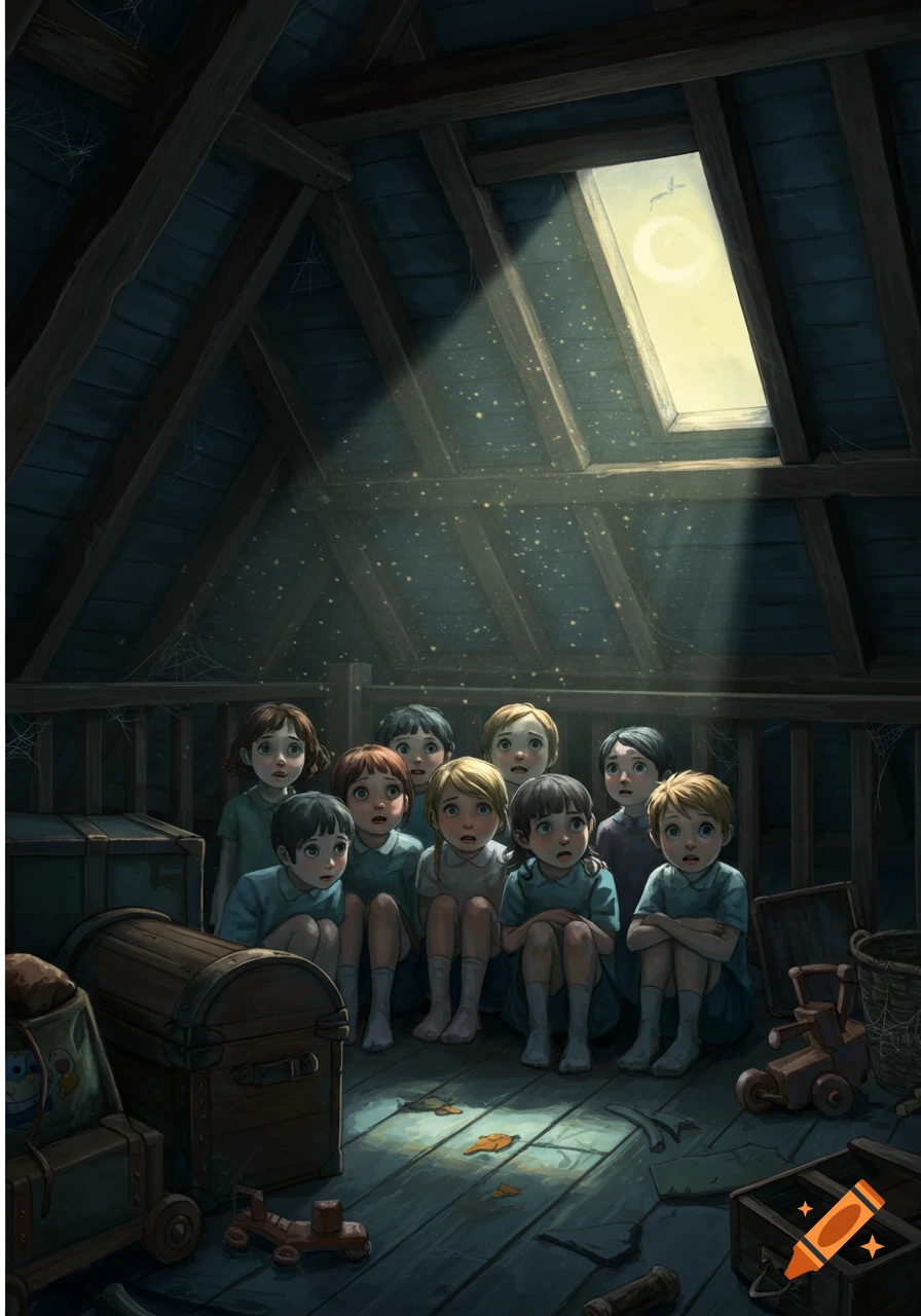 An illustration of several scared children cowering together in a dusty, dimly lit attic, looking up at a bright skylight.