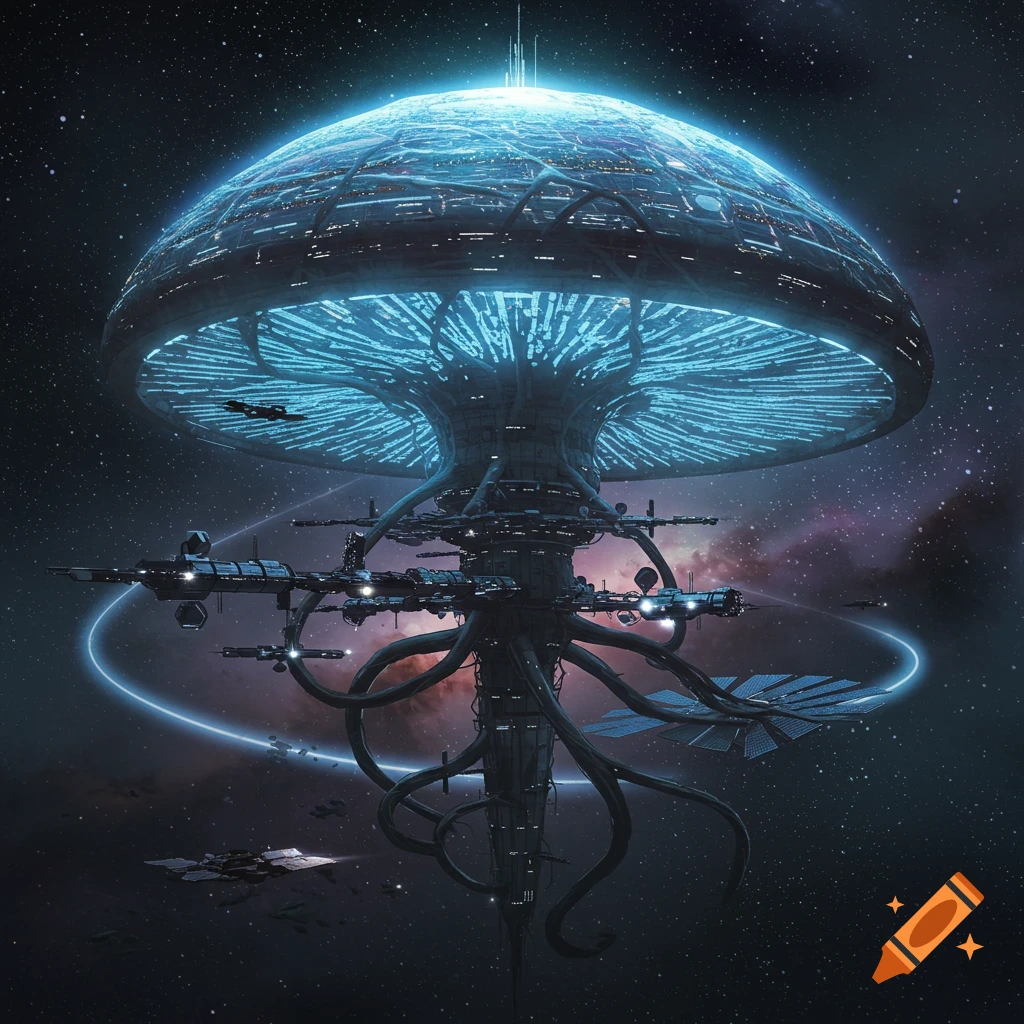 A glowing, mushroom-shaped space station with intricate structures floats in deep space, surrounded by smaller ships.