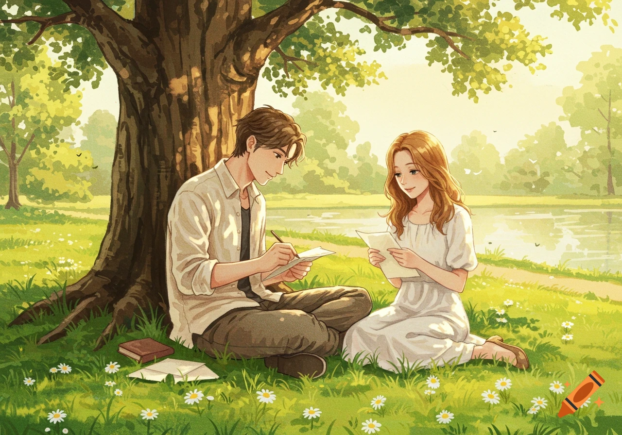 An anime-style illustration of a man and a woman sitting under a large tree in a sunny park by a lake, writing and reading letters.