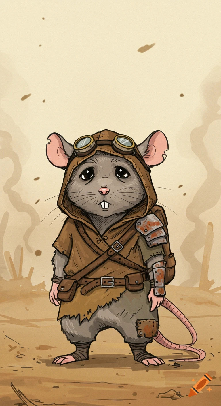 A cute, gray anthropomorphic rat in a torn brown hooded cloak and goggles with scrap metal armor, in a hand-drawn cartoon style desert scene.