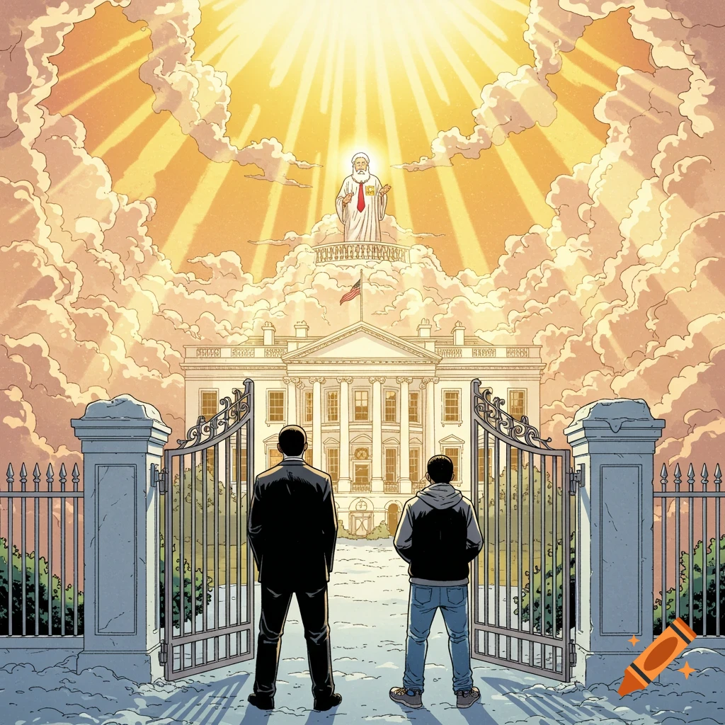 Comic illustration of two men facing a heavenly White House with God on a cloud balcony, bathed in golden light.